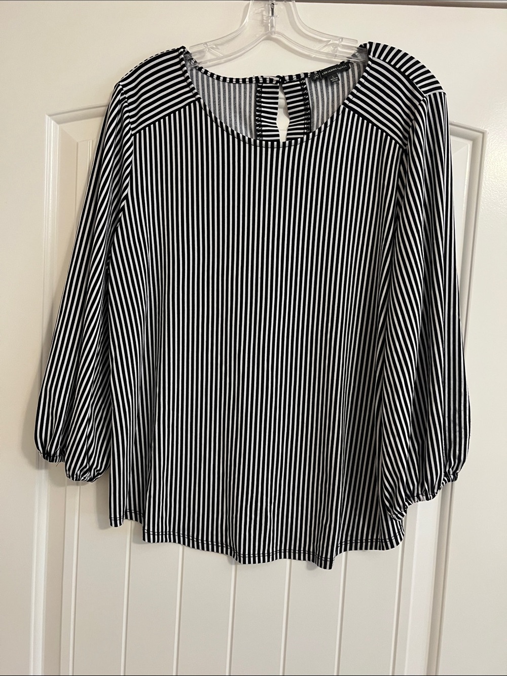 Adrianna Papell Black & White Vertical Stripe Balloon-Sleeve Blouse